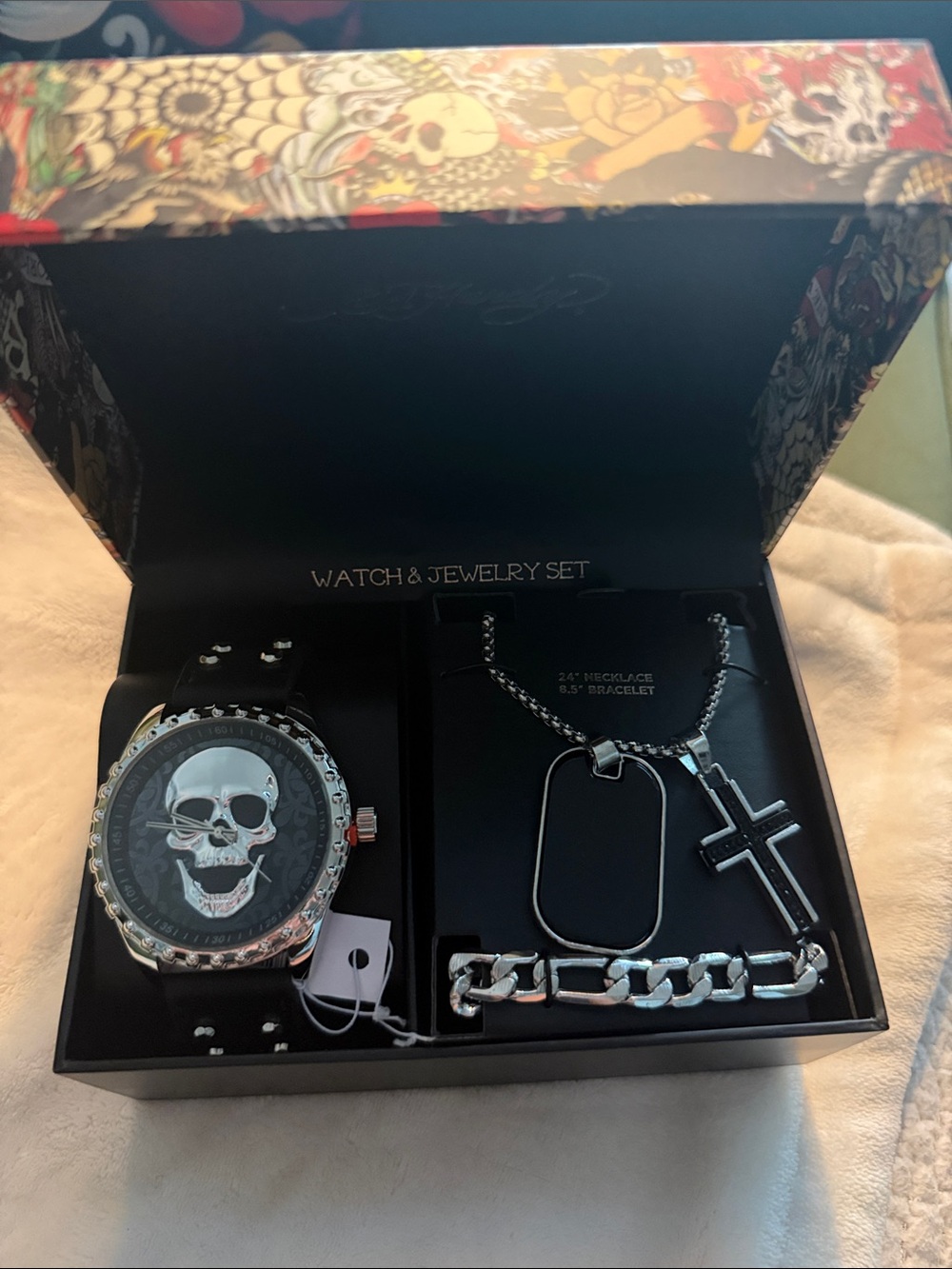 Ed Hardy Black & Silver Skull Dial Watch with Necklace & Cross Set